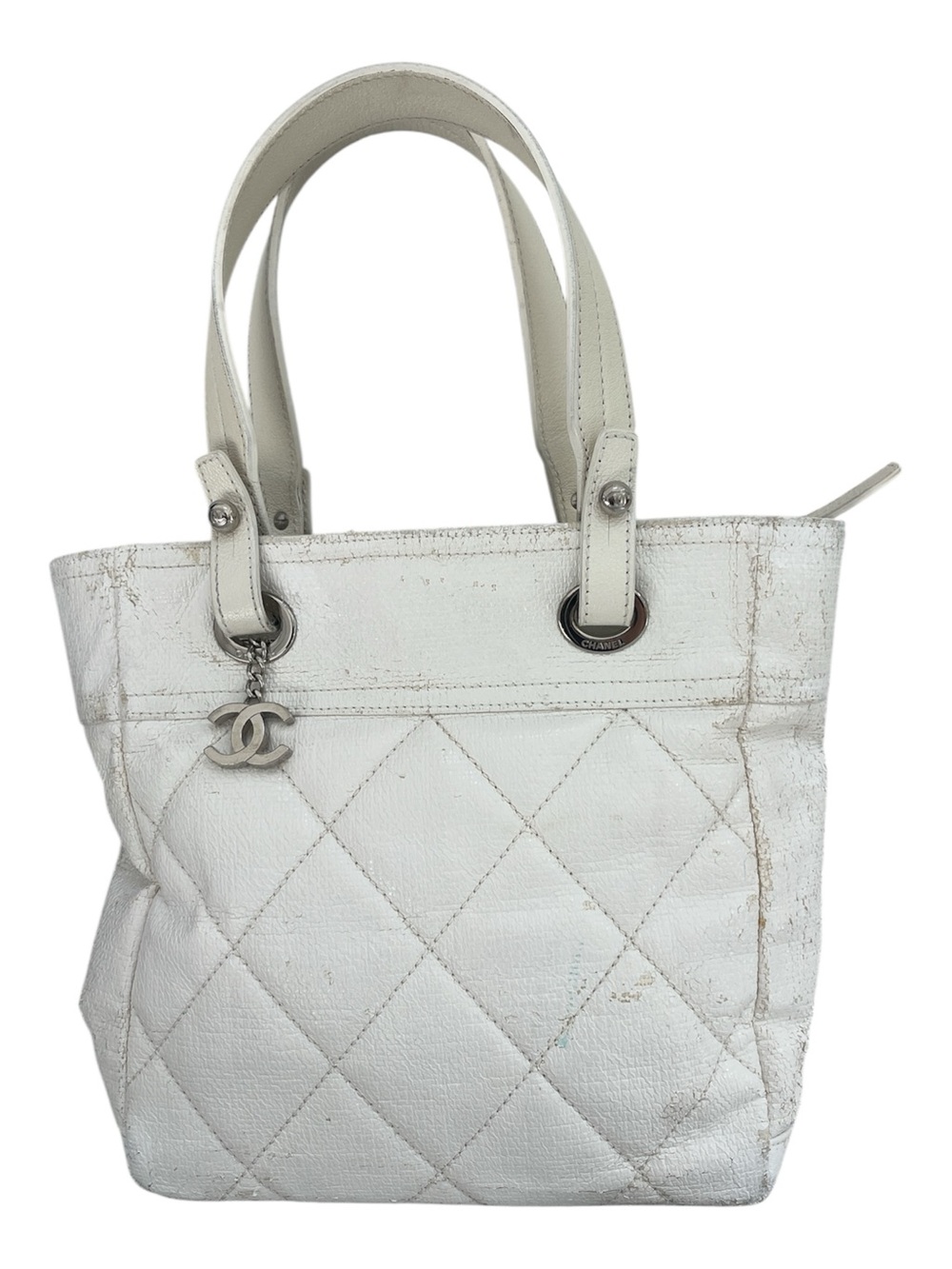 Chanel Paris Biarritz White Tote Bag Silver Charm Hardware Guaranteed Authentic